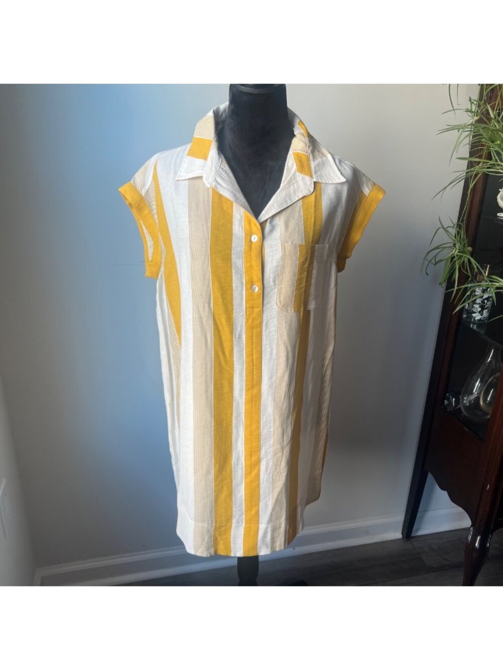 NWT Stripe Collar Tunic Dress Mustard & White Short Sleeve By Kori America